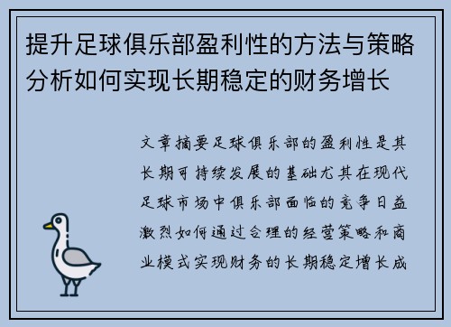 提升足球俱乐部盈利性的方法与策略分析如何实现长期稳定的财务增长 提升足球俱乐部盈利性的方法与策略分析如何实现长期稳定的财务增长