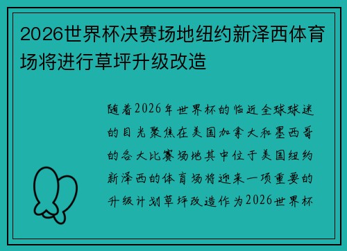 2026世界杯决赛场地纽约新泽西体育场将进行草坪升级改造