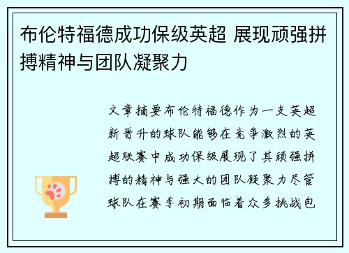 布伦特福德成功保级英超 展现顽强拼搏精神与团队凝聚力