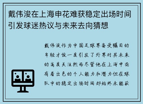 戴伟浚在上海申花难获稳定出场时间引发球迷热议与未来去向猜想
