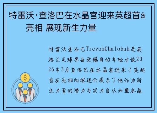 特雷沃·查洛巴在水晶宫迎来英超首发亮相 展现新生力量