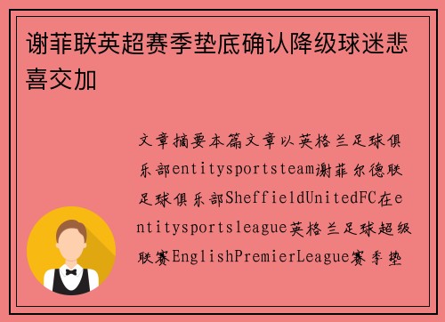谢菲联英超赛季垫底确认降级球迷悲喜交加